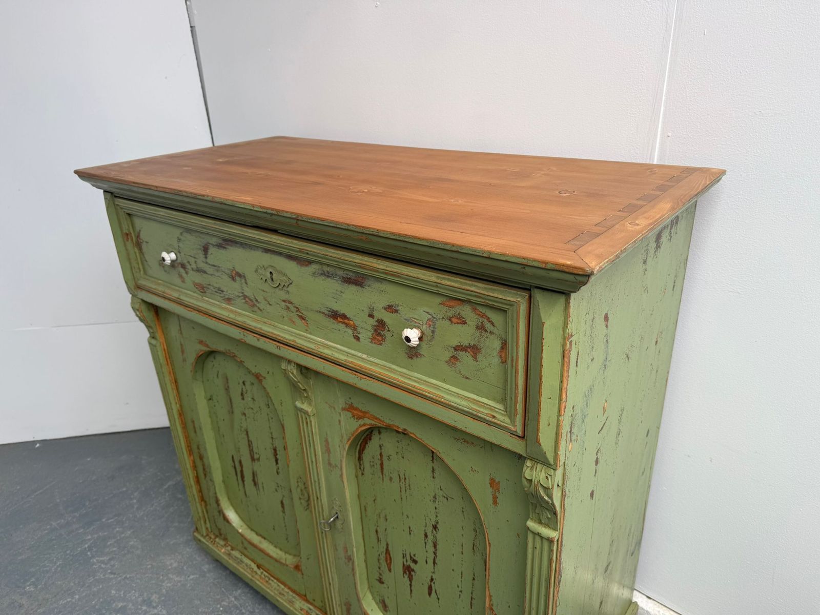 A Pretty Originally Painted Hungarian Light Green 2 Door Shallow Dresser Base photo furniture