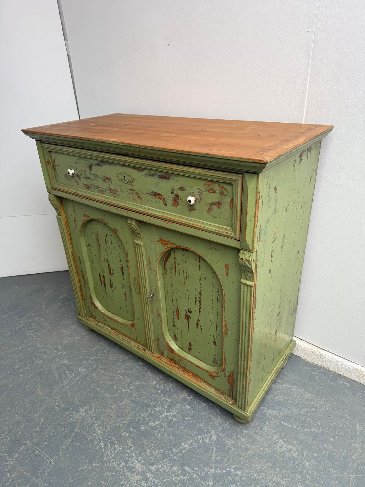 A Pretty Originally Painted Hungarian Light Green 2 Door Shallow Dresser Base