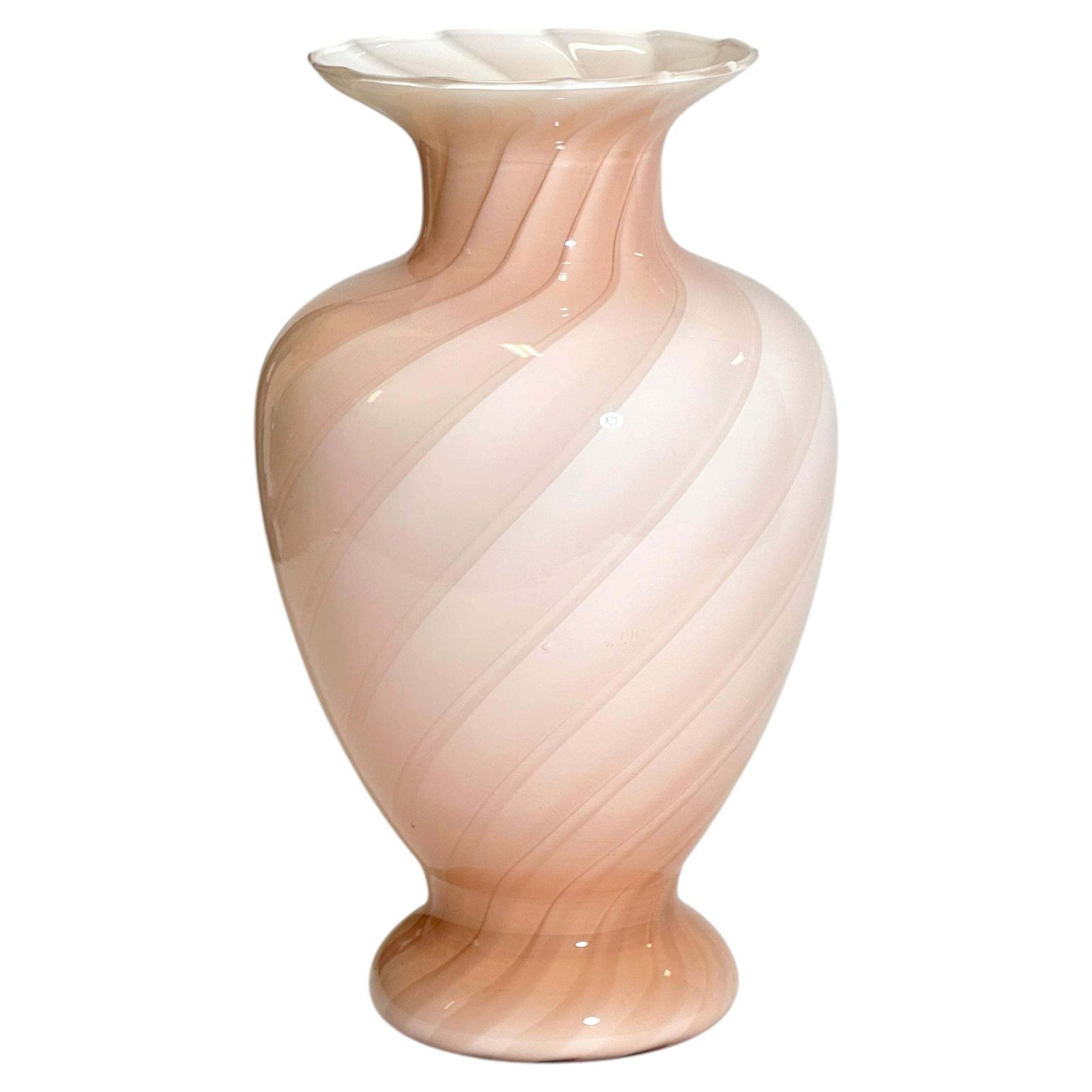 Murano Blush Pink Glass Vase, Cased Optic Swirl Urn On Pedestal, 1970s Italy