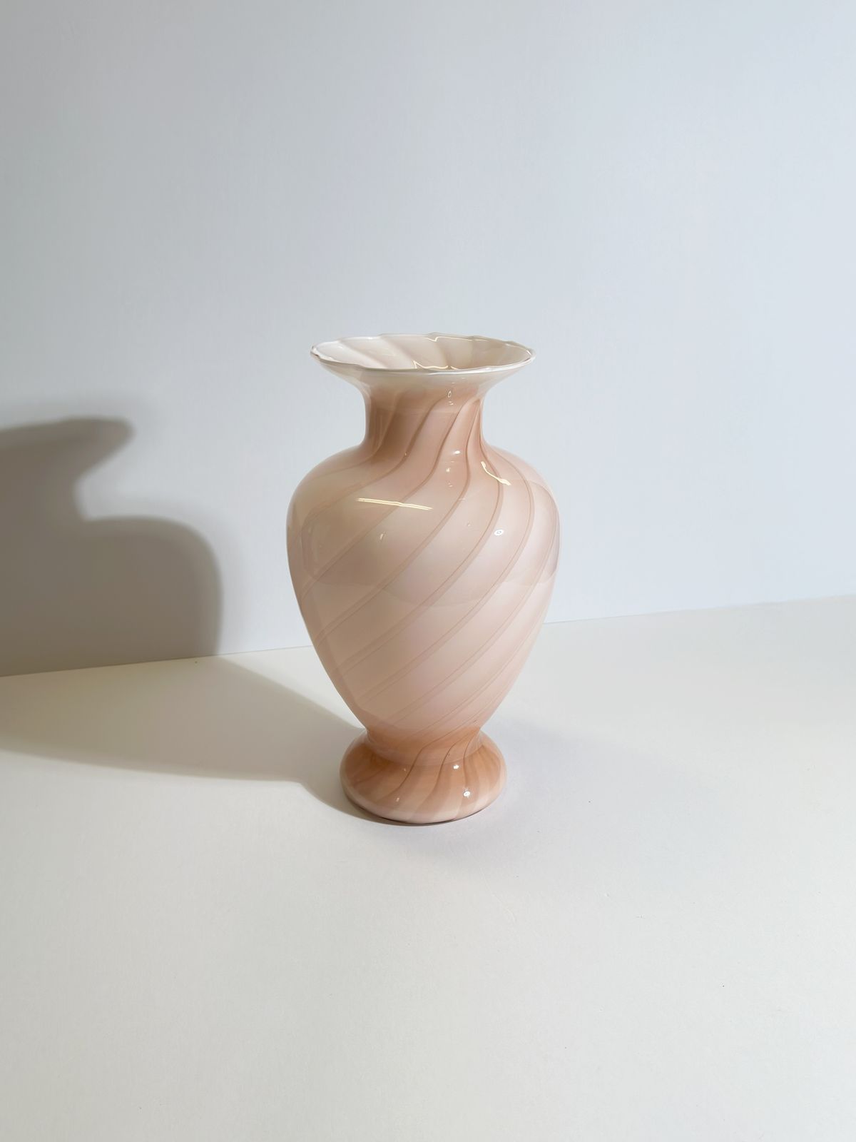 Murano Blush Pink Glass Vase, Cased Optic Swirl Urn On Pedestal, 1970s Italy photo buy