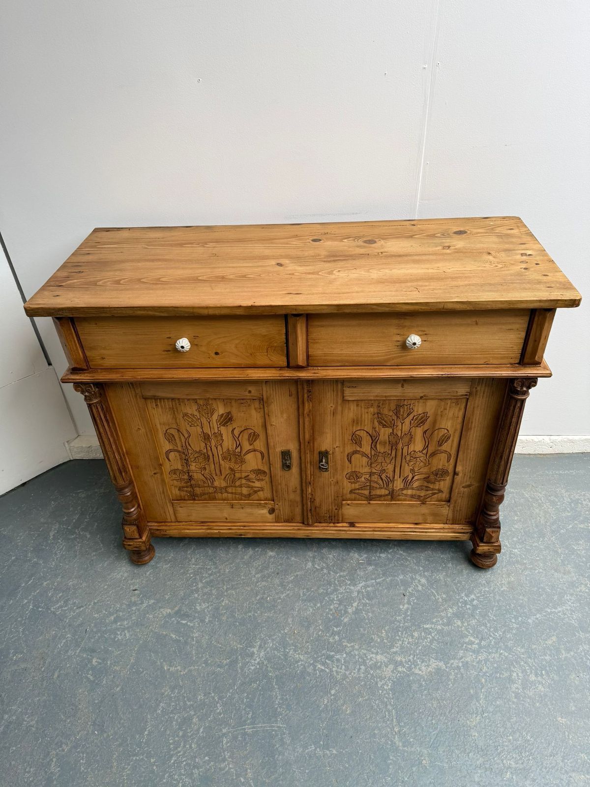 A Beautifully Carved Genuine Hungarian Floral Victorian Kitchen Dresser Base photo for sale