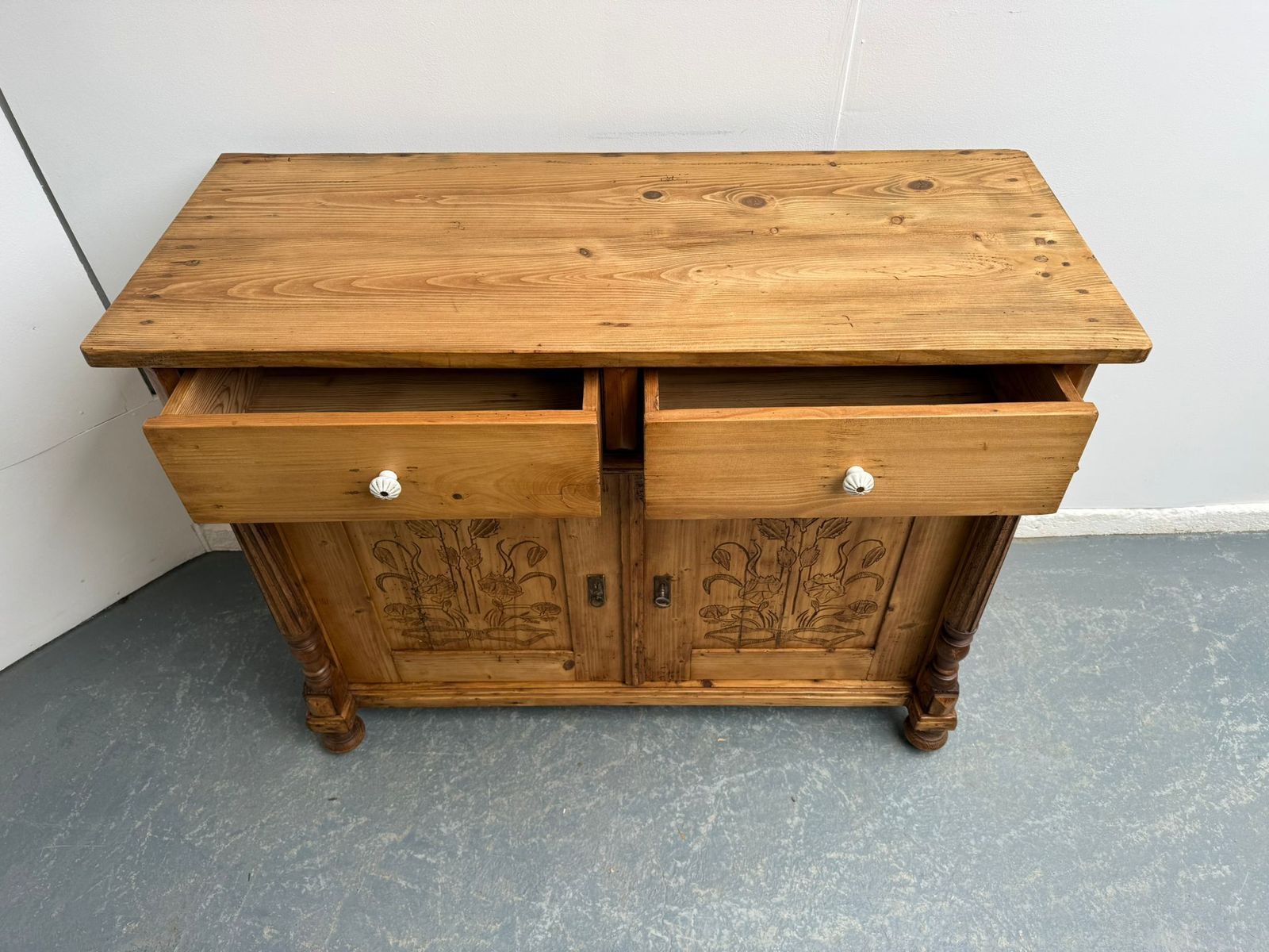 A Beautifully Carved Genuine Hungarian Floral Victorian Kitchen Dresser Base photo vintage