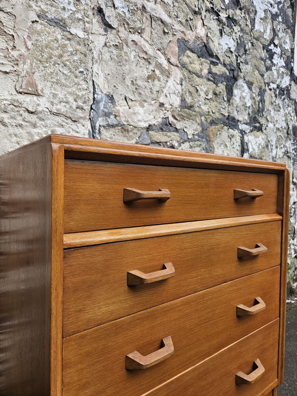 photo vintage G Plan Oak Chest Of Drawers: Mid Century Modern Brandon Range Four Drawer Tallboy