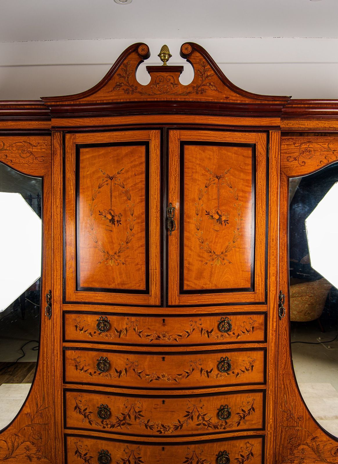 Antique Satinwood Inlaid Wardrobe / Compactum With Mirrored Doors & Drawers, Maple & Co Depository Label photo furniture