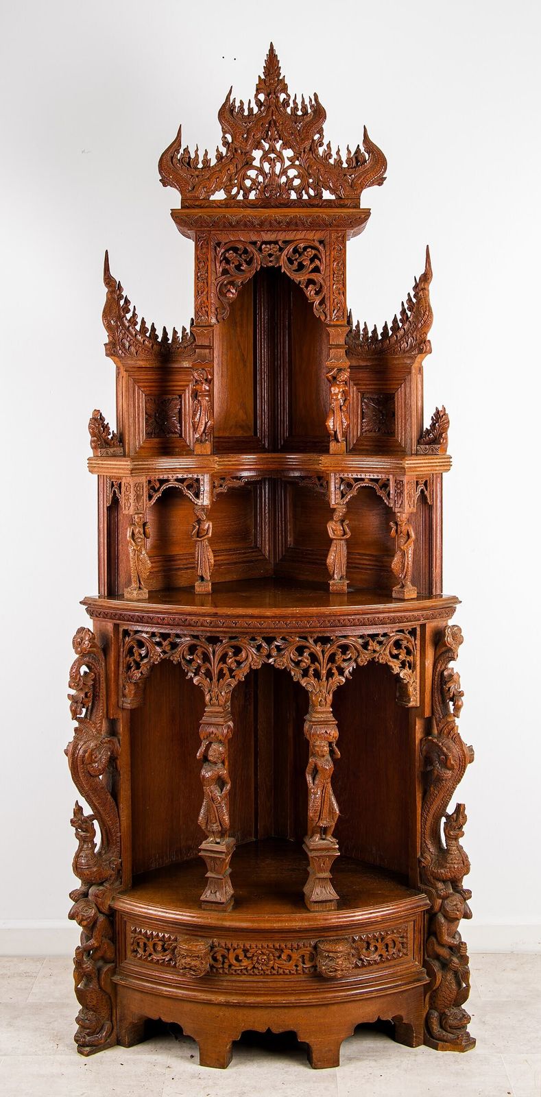 Antique Anglo Indian Hand Carved Corner Cabinet With Figural Carvings & Temple Pediment photo furniture