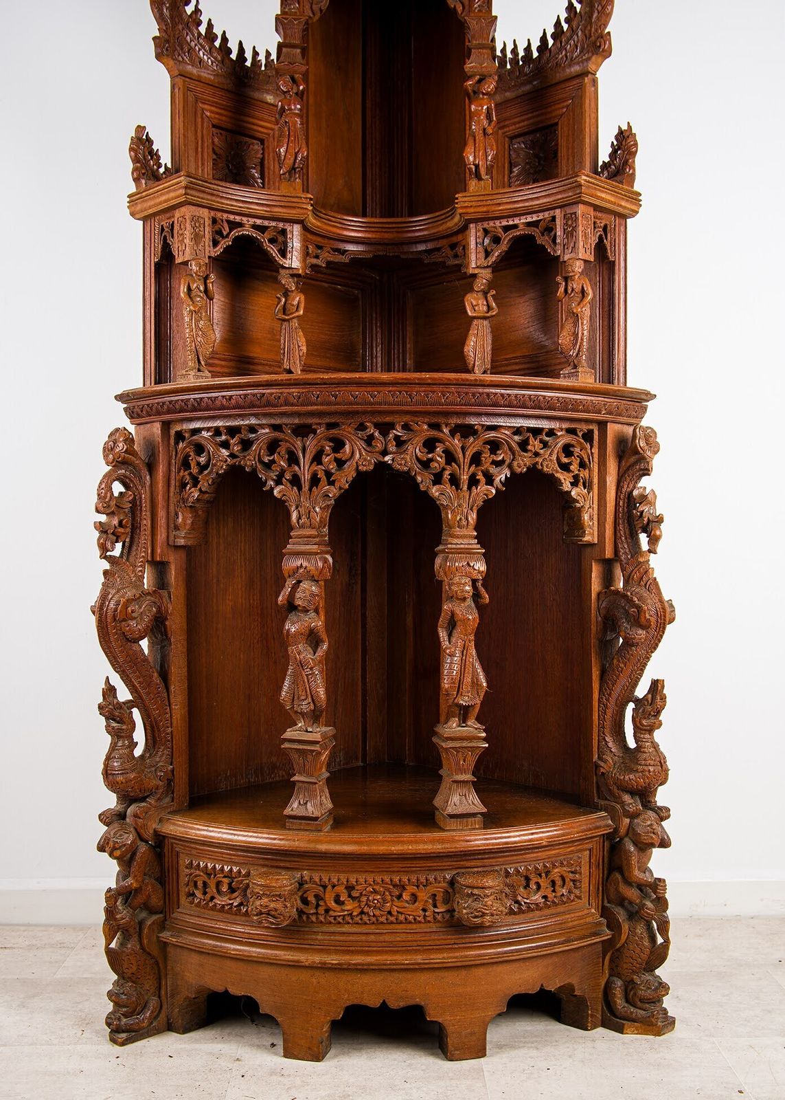 Antique Anglo Indian Hand Carved Corner Cabinet With Figural Carvings & Temple Pediment photo 1950.0