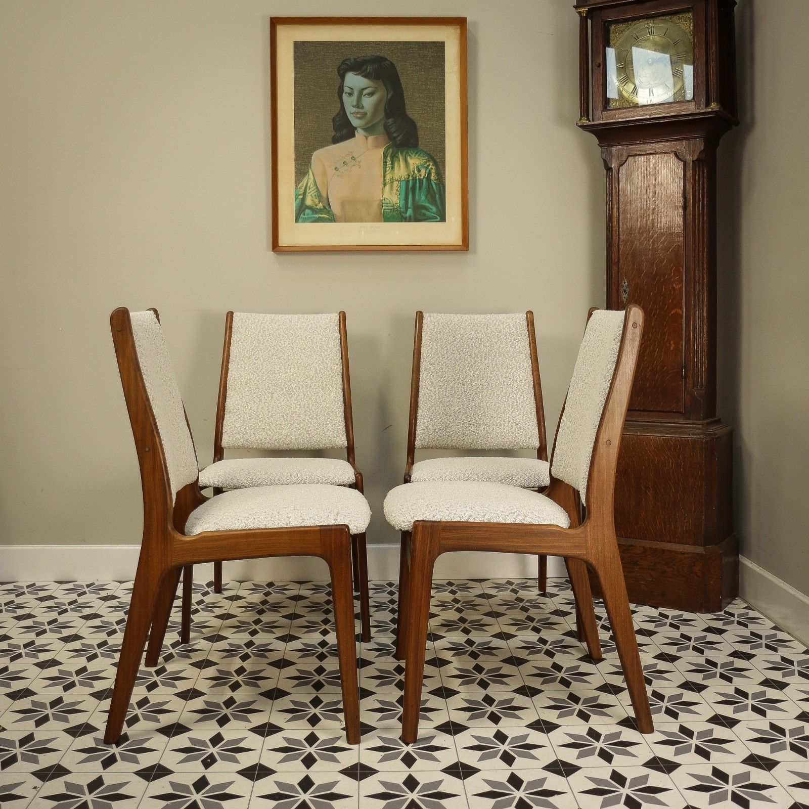 Teak Danish Style Dining Chairs In A Cotswold Cream Boucle Fabric Attr Erik Buch photo buy