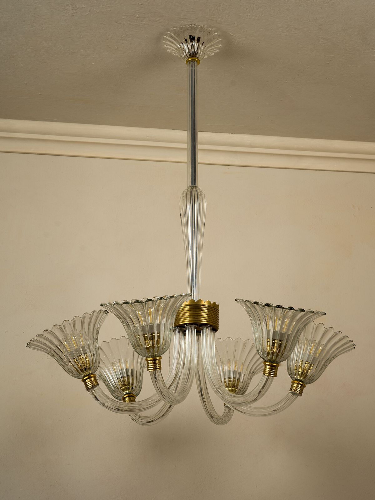 Lighting Vintage Murano Glass Chandelier, Italy 1940s, 6 Lights, Blown Glass Floral Design photo