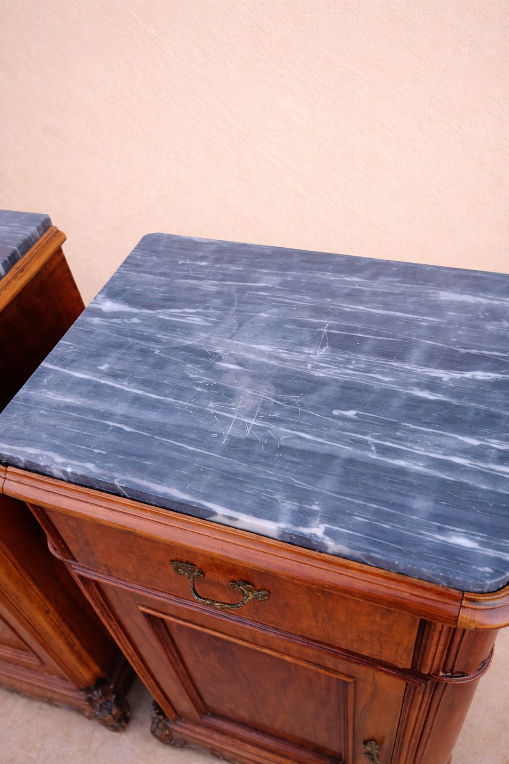Pair Of French Walnut & Belgian “Sainte Anne” Marble Bedside Cabinets. photo Furniture