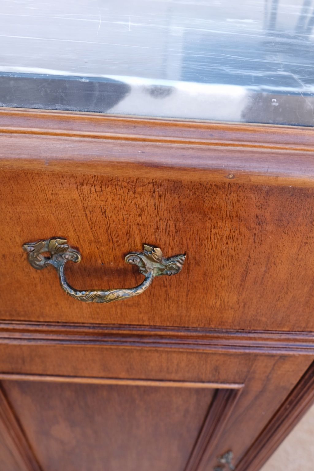 Pair Of French Walnut & Belgian “Sainte Anne” Marble Bedside Cabinets. photo vintage