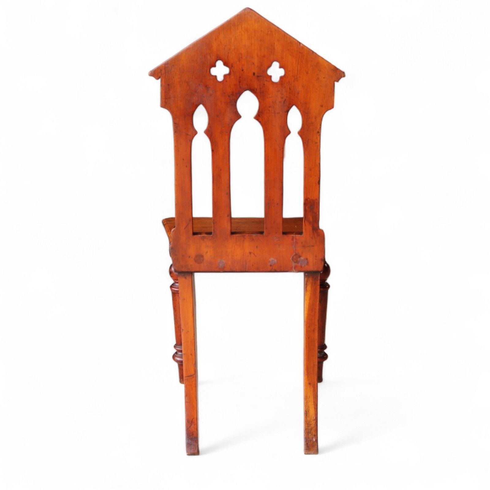 photo vintage Pair Of Antique Mahogany Pugin Style Carved Gothic Steeple Back Hall Chairs