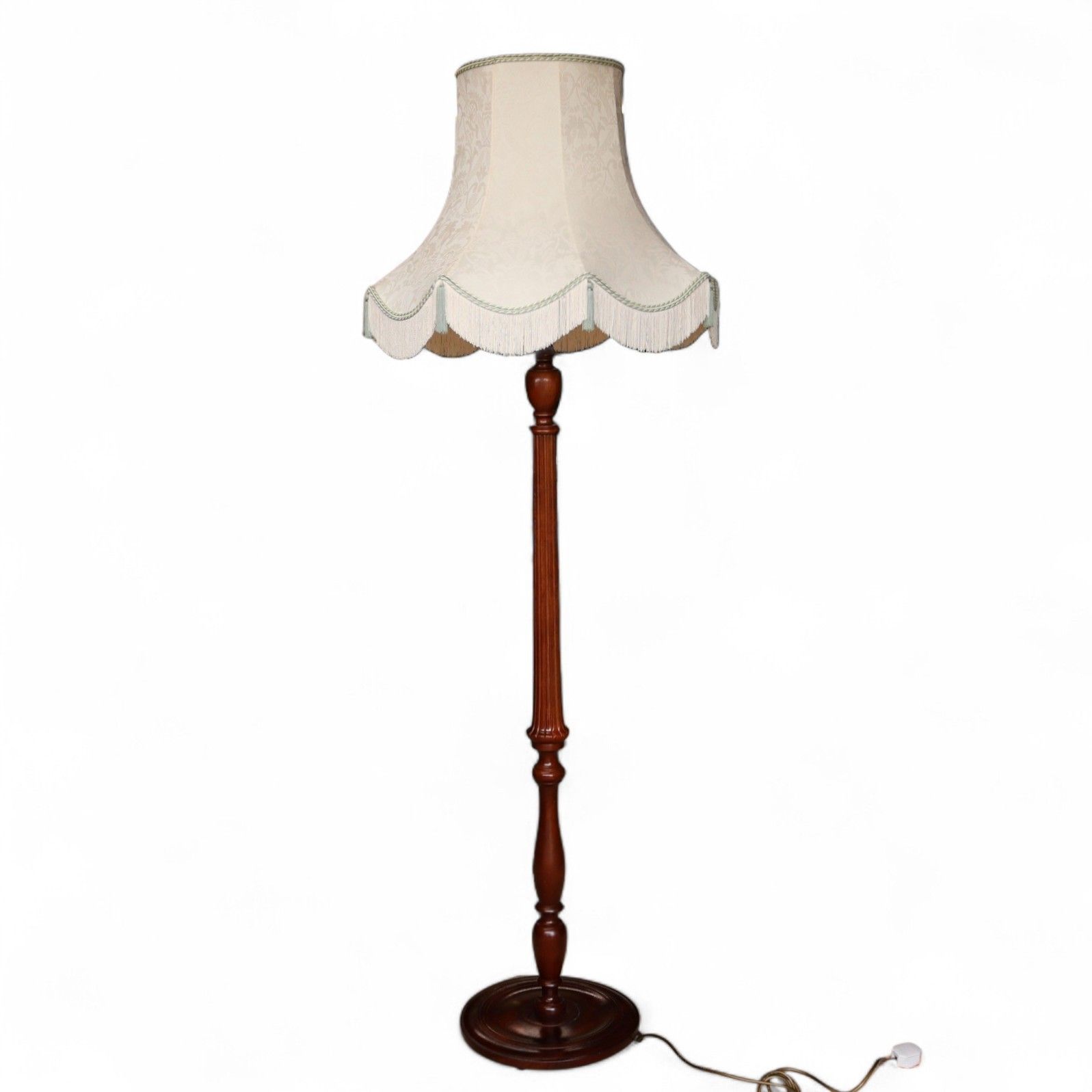 Vintage Fluted Mahogany Standard Floor Lamp With Fringed Fabric Shade photo furniture
