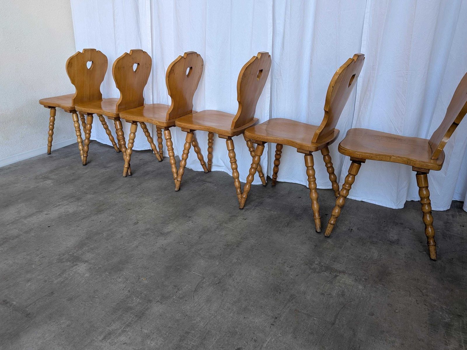 Set Of 6 Vintage Tyrolean Heart Cutout Wooden Dining Chairs, Rustic Farmhouse Style photo vinterior