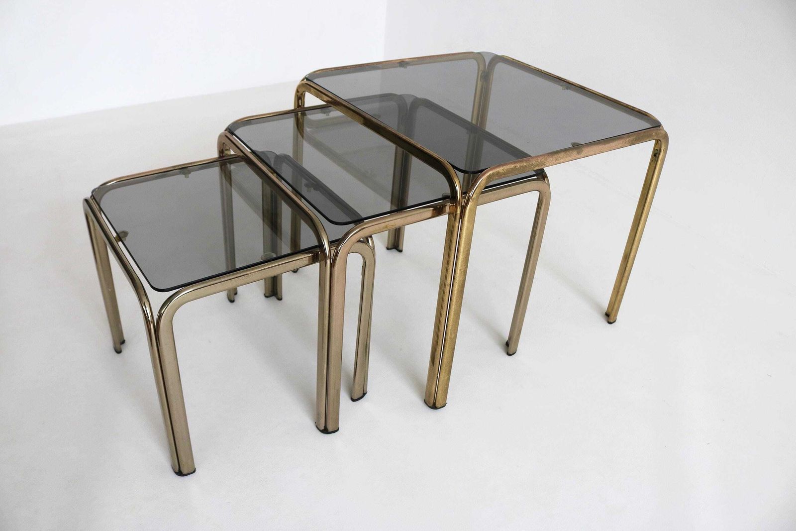Vintage Mid Century Modern Smoked Glass Nesting Tables – Gold Brass Set Of 3 – Versatile Coffee & Side Tables – Retro Italian Design photo buy