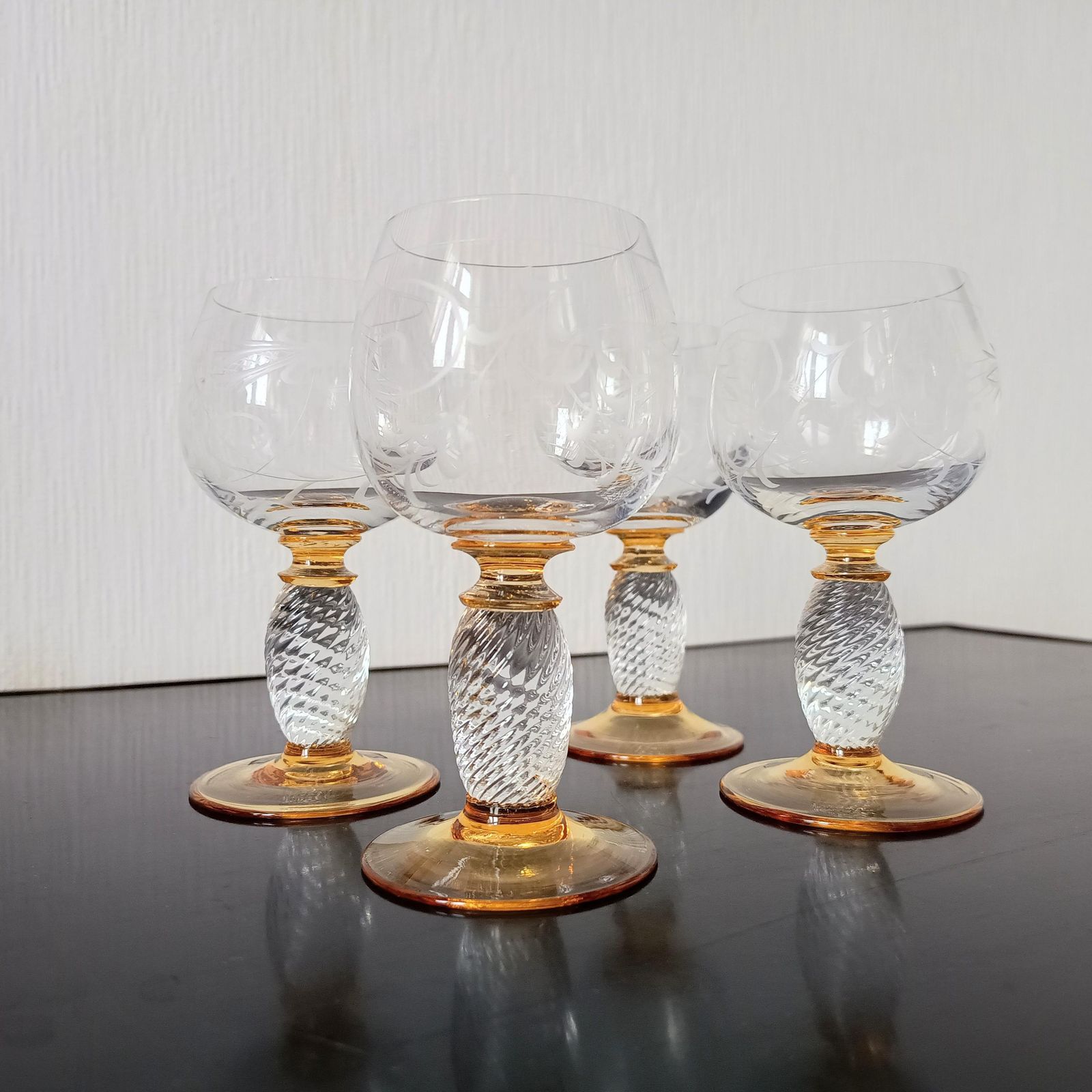 Vintage Hand Made Theresienthal Crystal Roemer Wine Glasses: Twisted Stem, Honey Yellow Decor