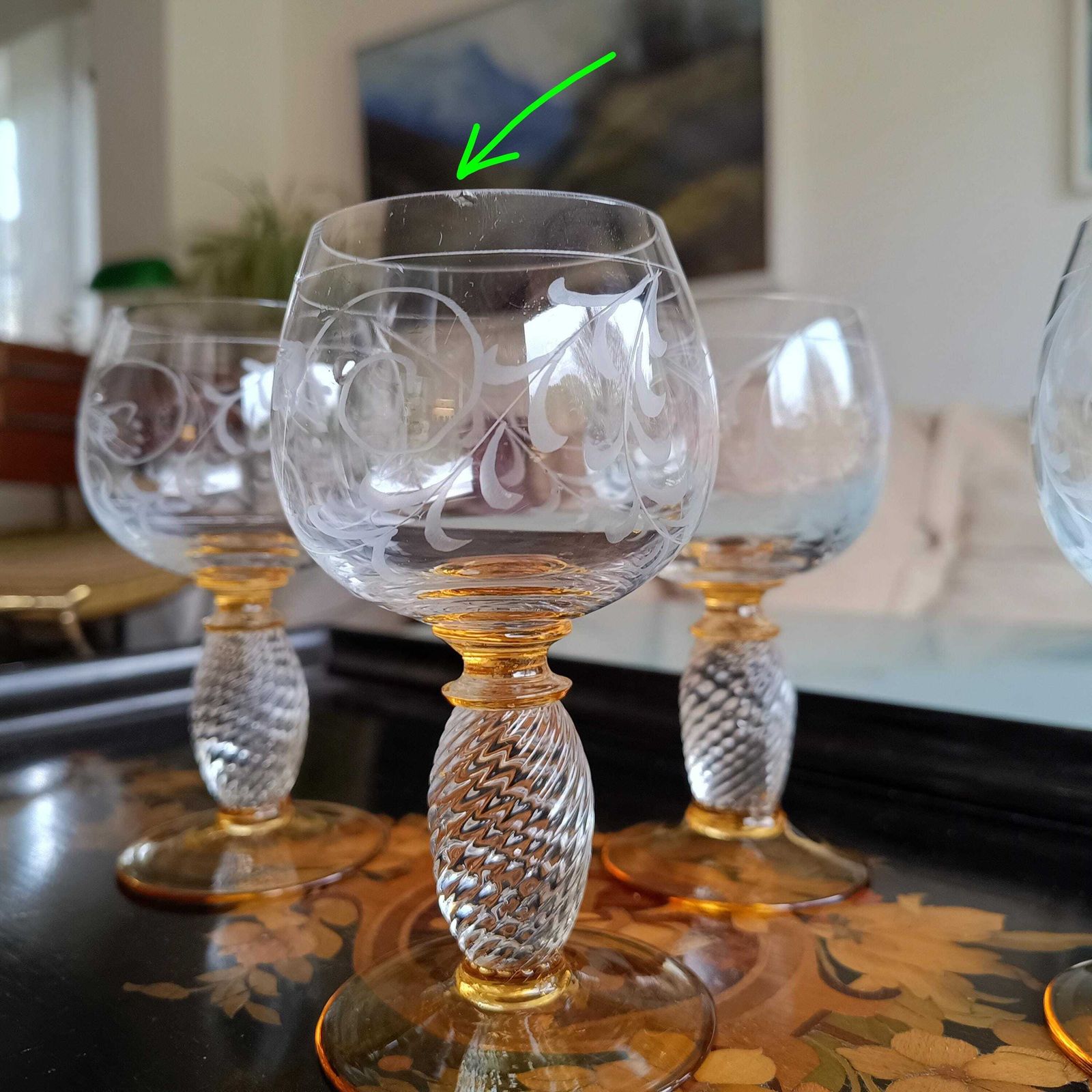 photo furniture Vintage Hand Made Theresienthal Crystal Roemer Wine Glasses: Twisted Stem, Honey Yellow Decor