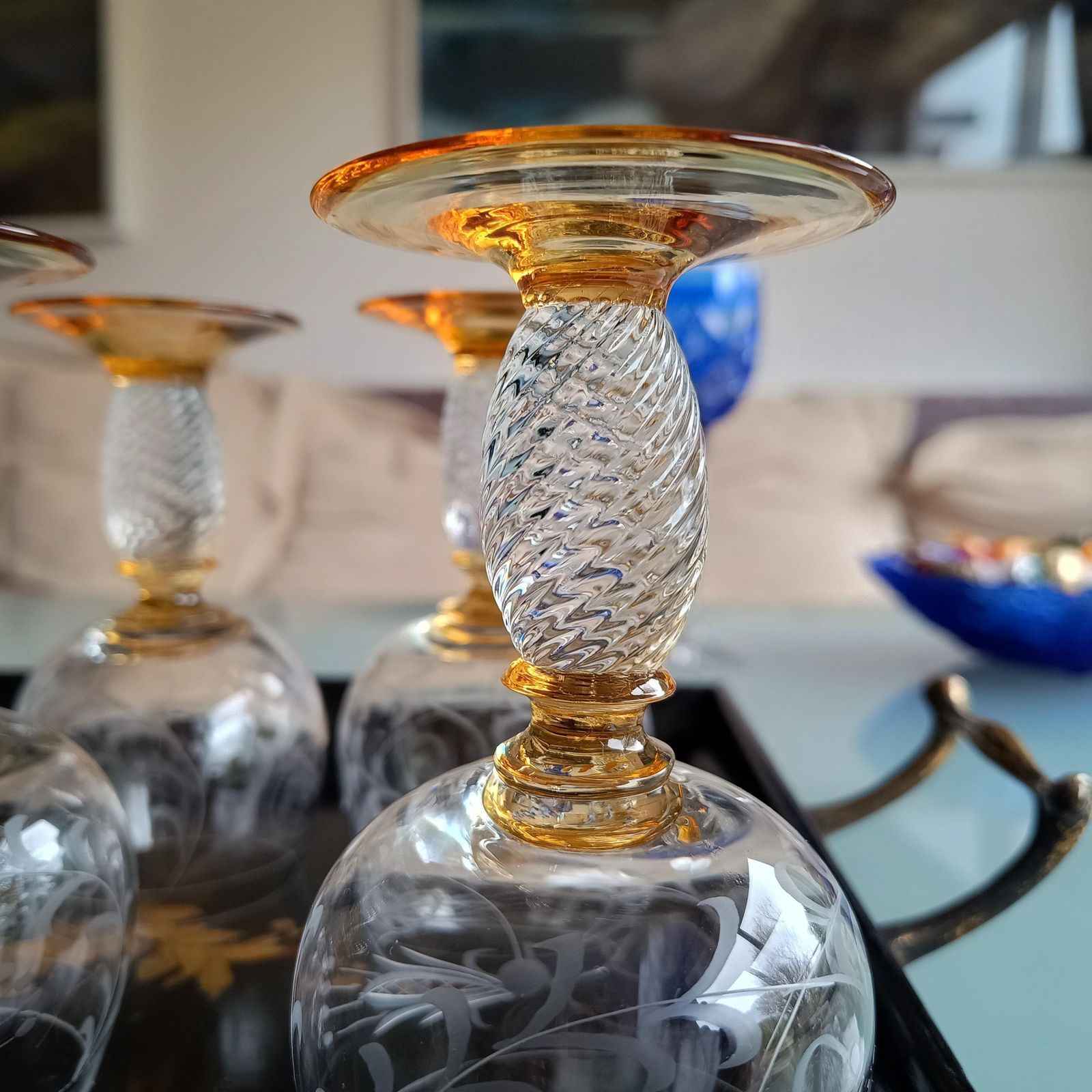 Home Decor Vintage Hand Made Theresienthal Crystal Roemer Wine Glasses: Twisted Stem, Honey Yellow Decor photo