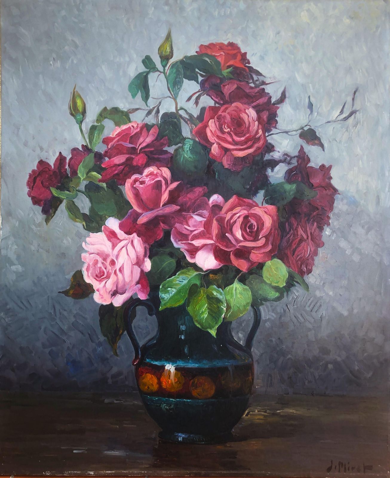 José Miret Aleu – Mid-Century Spaans stilleven met rozen, olieverf, bloemenschilderij, impressionistisch, Mallorca School, jaren 1970