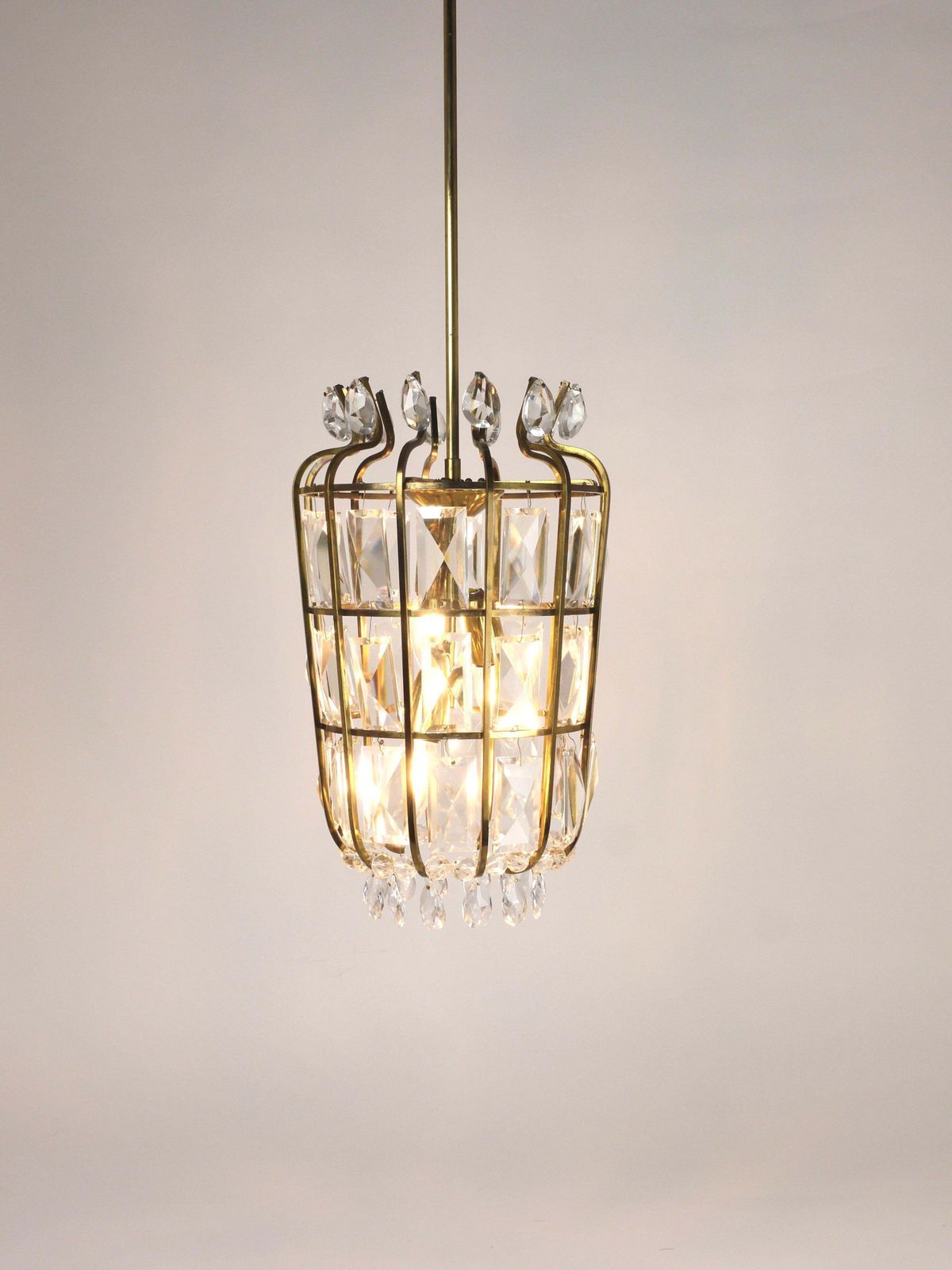 photo vinterior Bakalowits Vienna Brass & Crystal Chandelier Lantern Pendant Lamp, Austria, 1950
