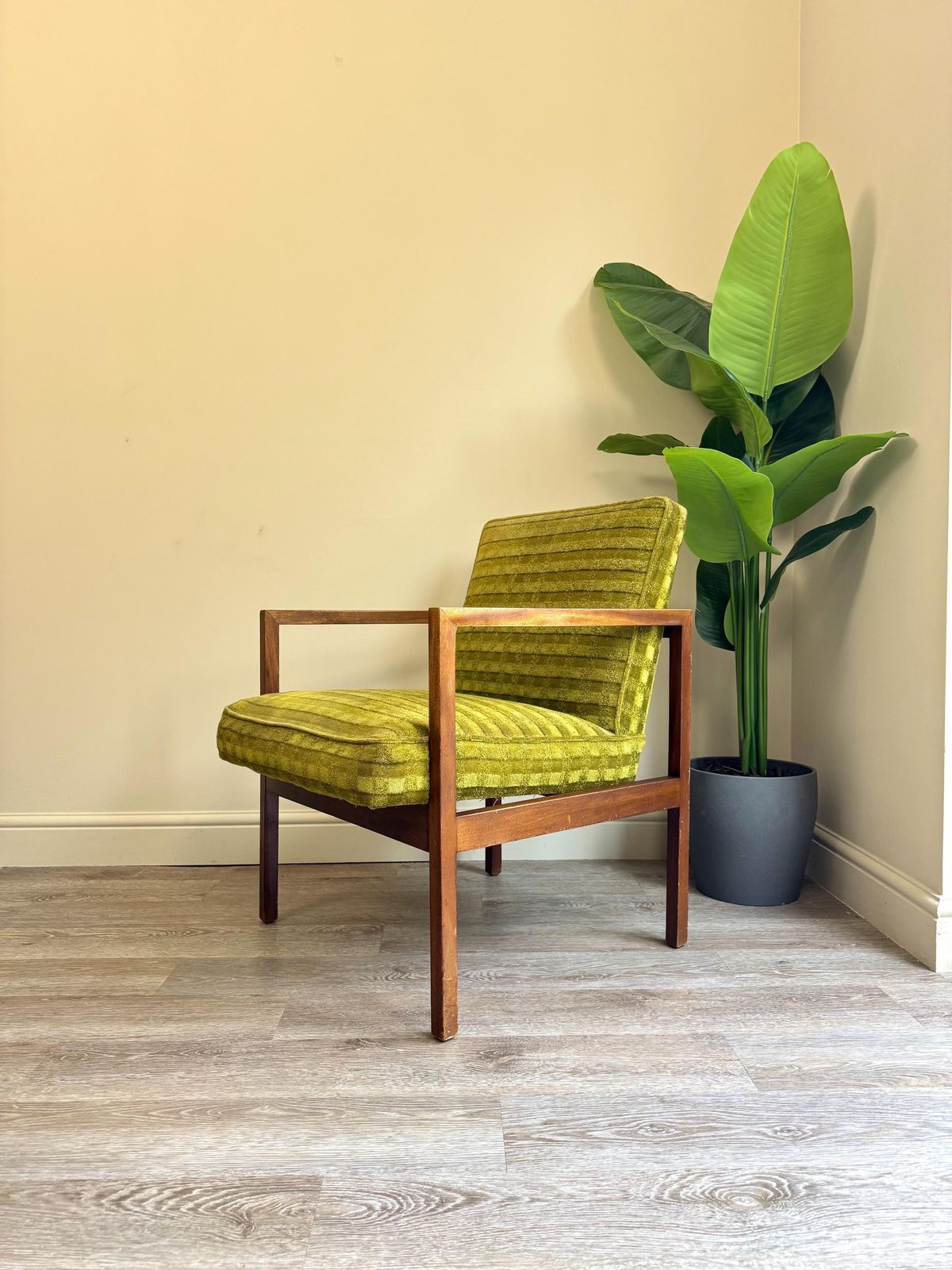 Mid Century Green Velvet Wooden Framed Armchair 1960s