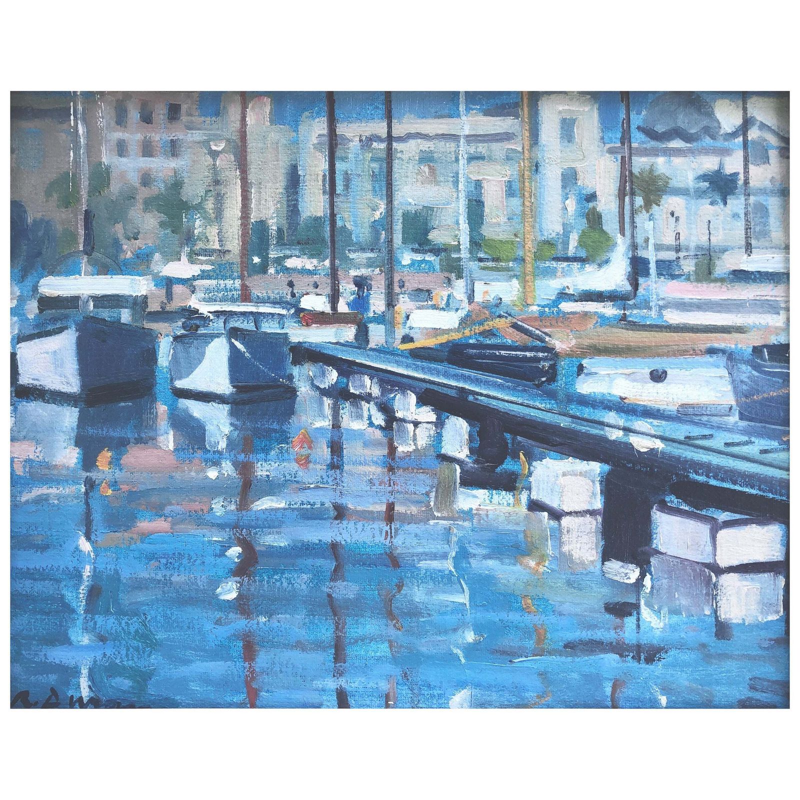Rafael Duran Benet Mediterranean Harbor Oil Painting Marina Boats Port Coastal Landscape 1990s