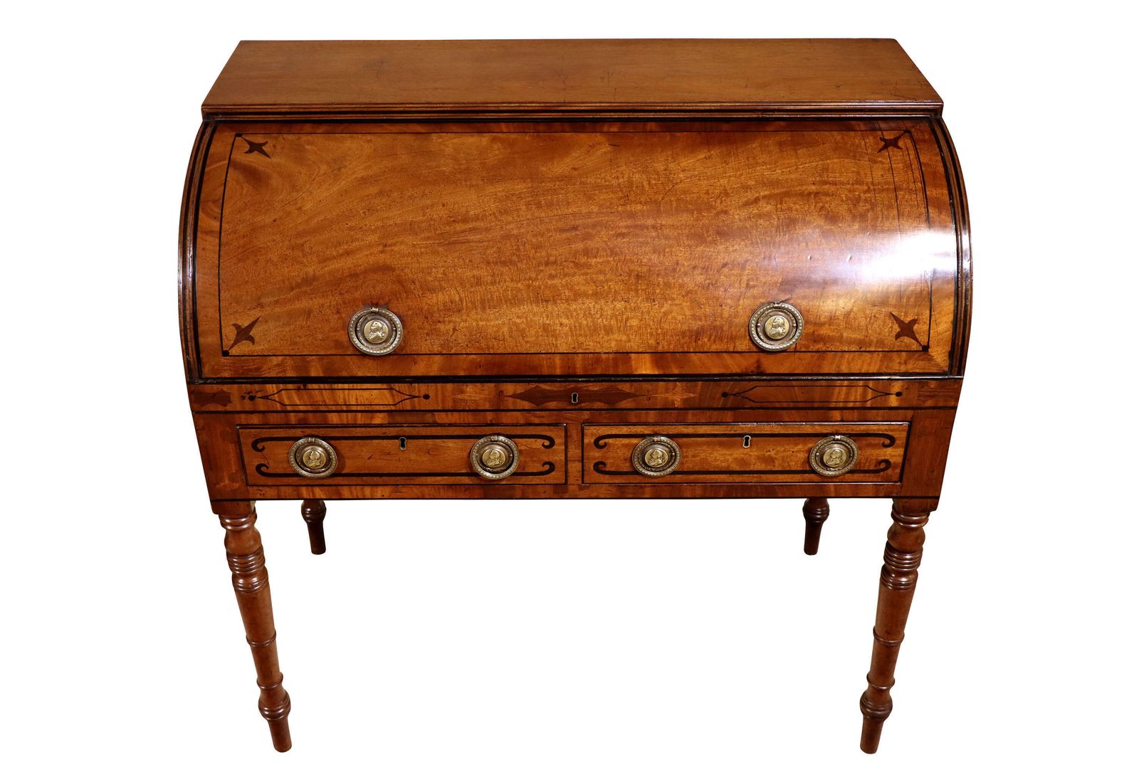 Regency Mahogany Cylinder Desk With Ebony Inlay & Brass Ring Handles, C.1820 photo buy