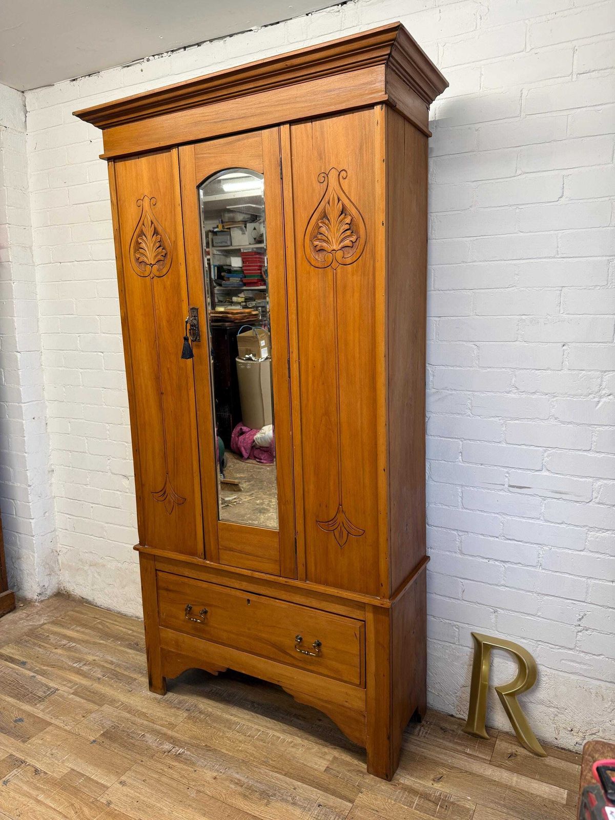 Antique Pine Hallway Wardrobe With Mirror Door | Art Nouveau Style Carved Panels | Edwardian Cupboard photo for sale