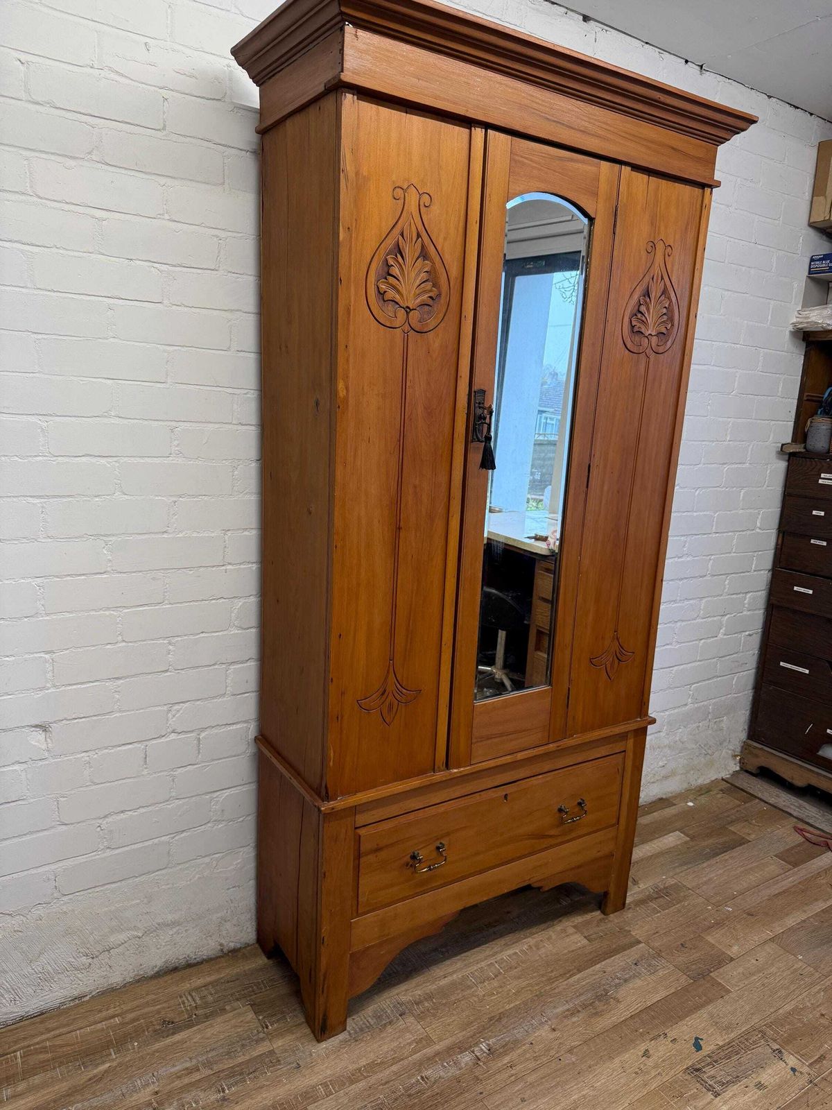 Antique Pine Hallway Wardrobe With Mirror Door | Art Nouveau Style Carved Panels | Edwardian Cupboard photo Furniture