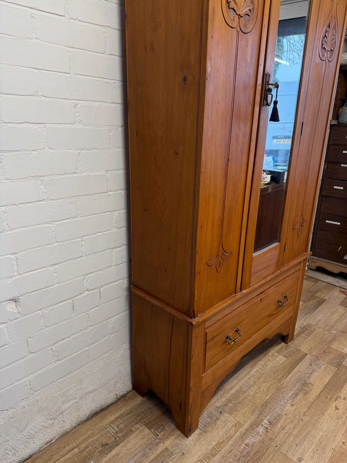 Antique Pine Hallway Wardrobe With Mirror Door | Art Nouveau Style Carved Panels | Edwardian Cupboard photo 470.0