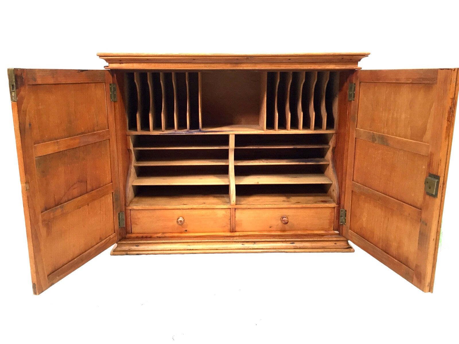 Antique Pine Wooden Tabletop Filing Cabinet / Storage Box With Drawers & Key photo furniture