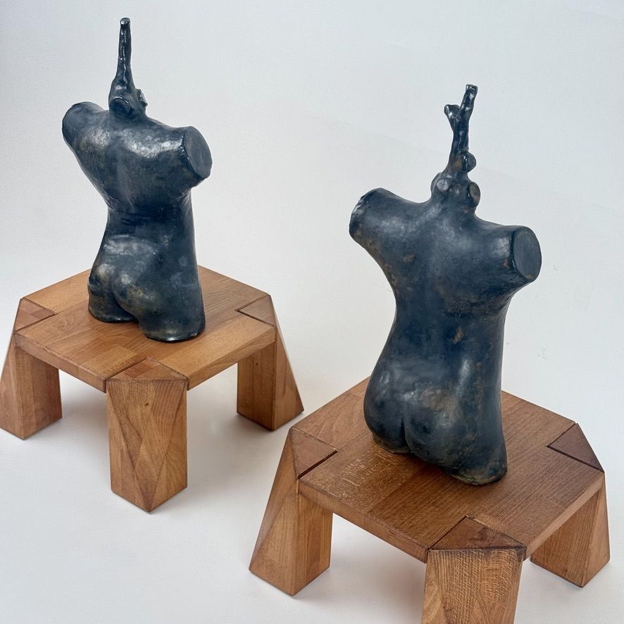 photo for sale Set Of Three Vintage Black Stoneware Sculptures By L. L. Italy 2000's
