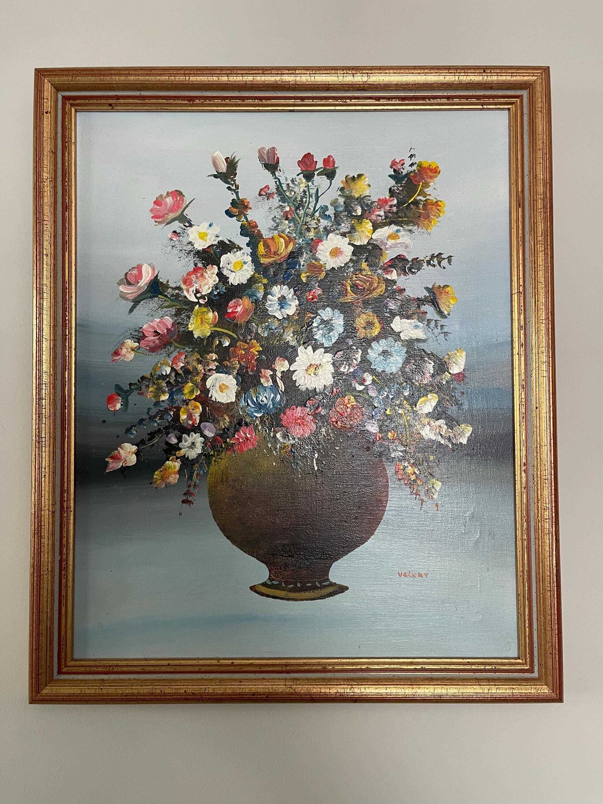 Antique Still Life Oil Painting Study Of Flowers In A Vase By Velkov