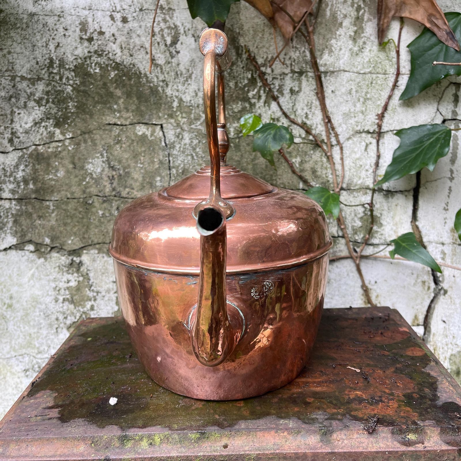French Vintage Copper Kettle   Antique Copper Teapot   Pub Decor   Photo Props   Farm House Kitchen   Rustic Kitchen Decor photo for sale