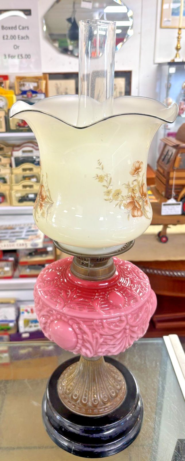 Antique Victorian Pressed Pink Glass Reservoir Oil Lamp With Flute & Shade photo buy