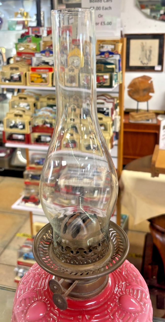 photo for sale Antique Victorian Pressed Pink Glass Reservoir Oil Lamp With Flute & Shade