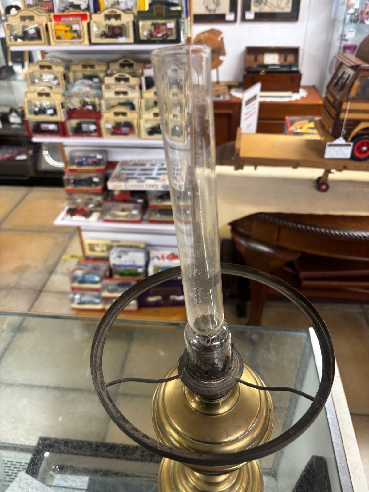 Vintage Brass Oil Lamp With Milk Glass Shade & Flute photo vintage