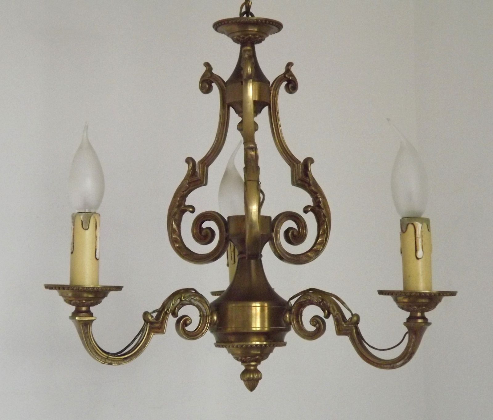 French Bronze Art Nouveau Style 3 Light 3 Sided Cage Chandelier photo for sale