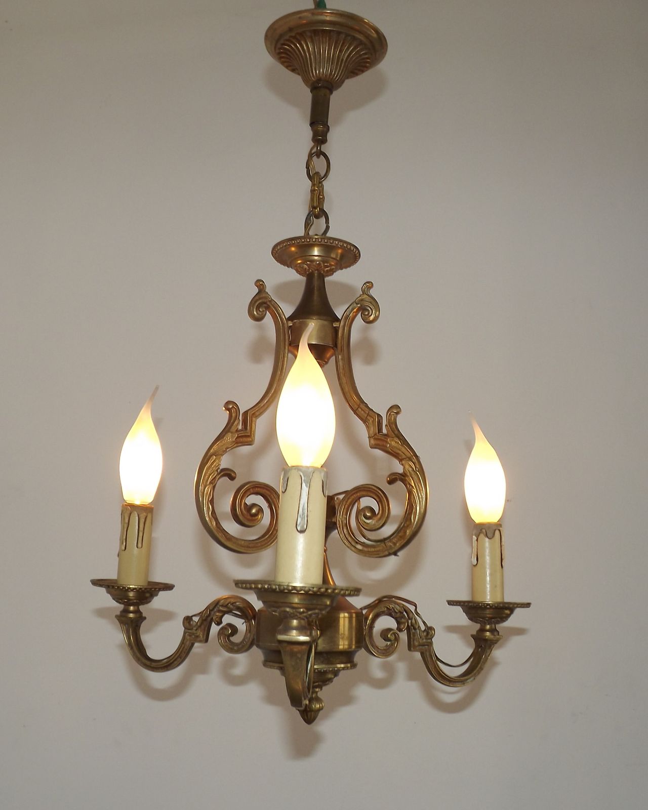 photo buy French Bronze Art Nouveau Style 3 Light 3 Sided Cage Chandelier