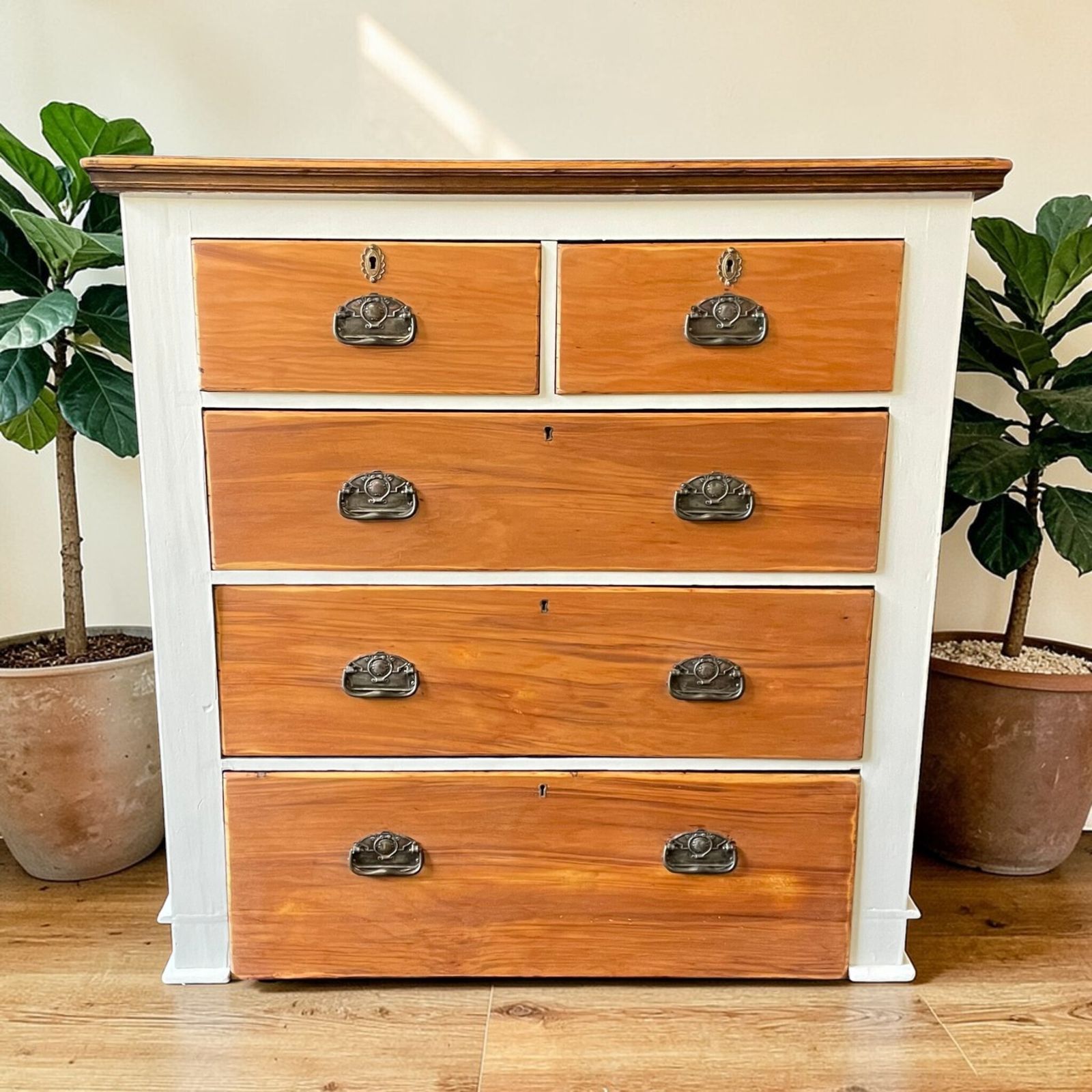 Rustic Farmhouse Chest Of Drawers – Painted Taupe & Natural Wood, Brass Details
