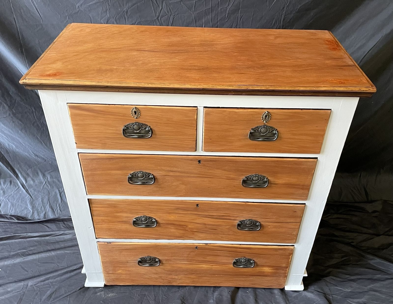 Rustic Farmhouse Chest Of Drawers – Painted Taupe & Natural Wood, Brass Details photo vintage