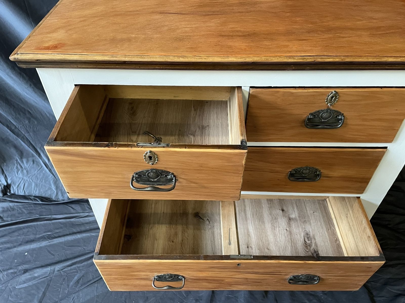 photo for sale Rustic Farmhouse Chest Of Drawers – Painted Taupe & Natural Wood, Brass Details
