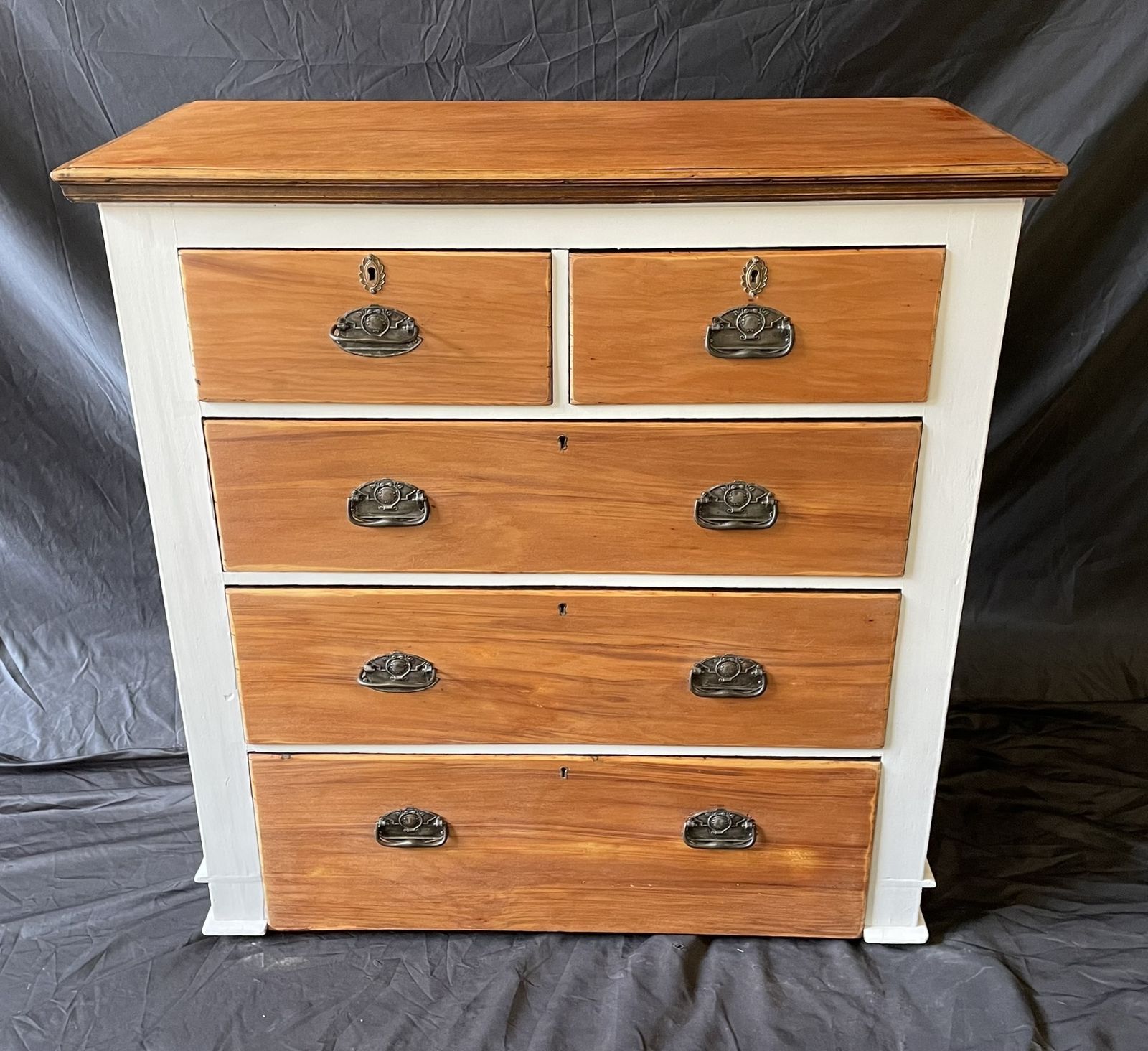 325.0 Rustic Farmhouse Chest Of Drawers – Painted Taupe & Natural Wood, Brass Details photo
