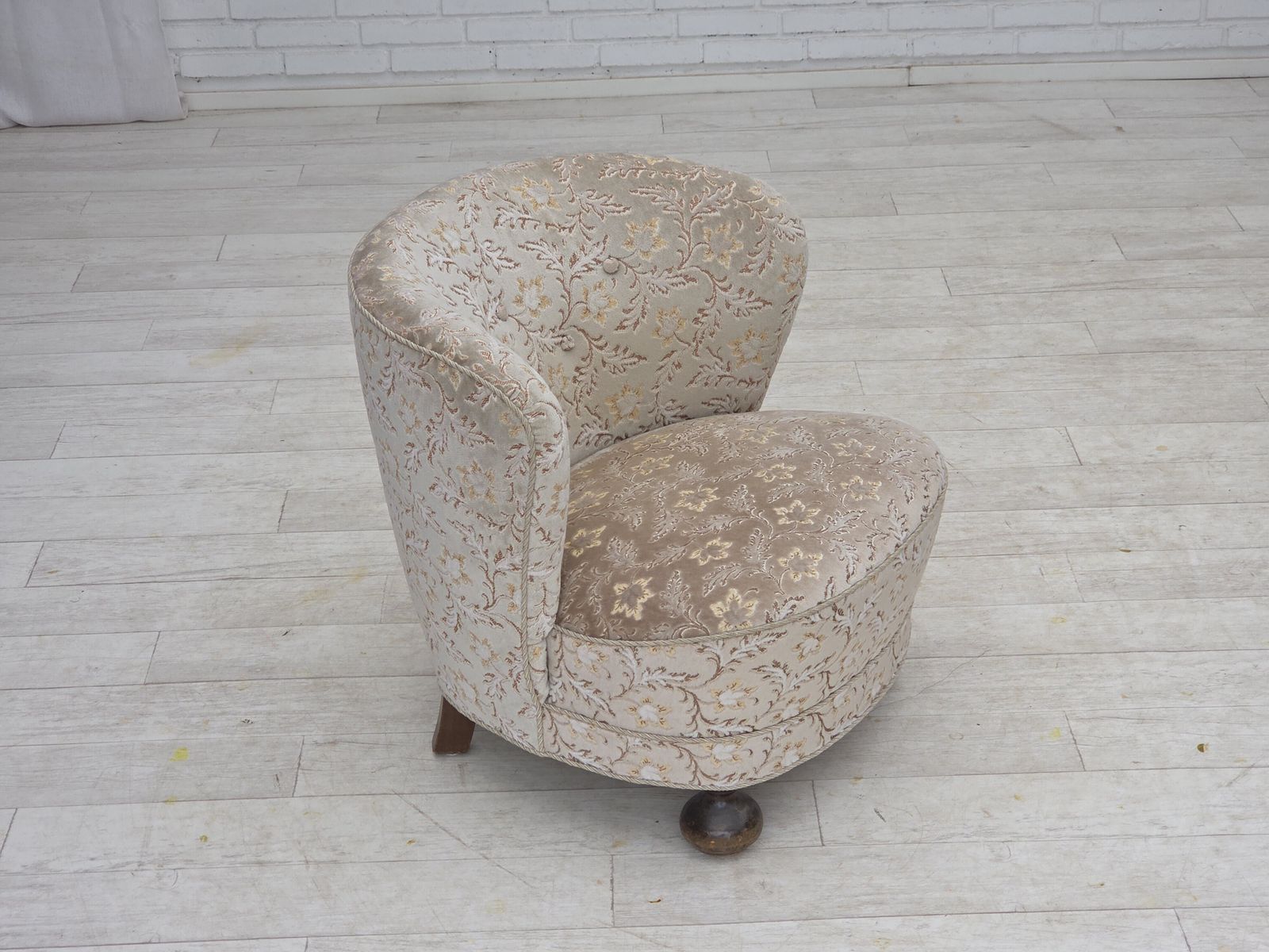 1970s, Danish Curved Armchair, Original Light Green/Gray Furniture Velour. photo furniture