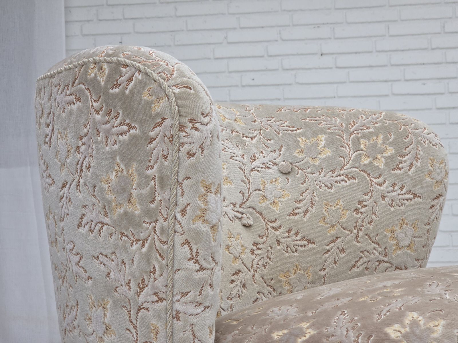 1970s, Danish Curved Armchair, Original Light Green/Gray Furniture Velour. photo Furniture