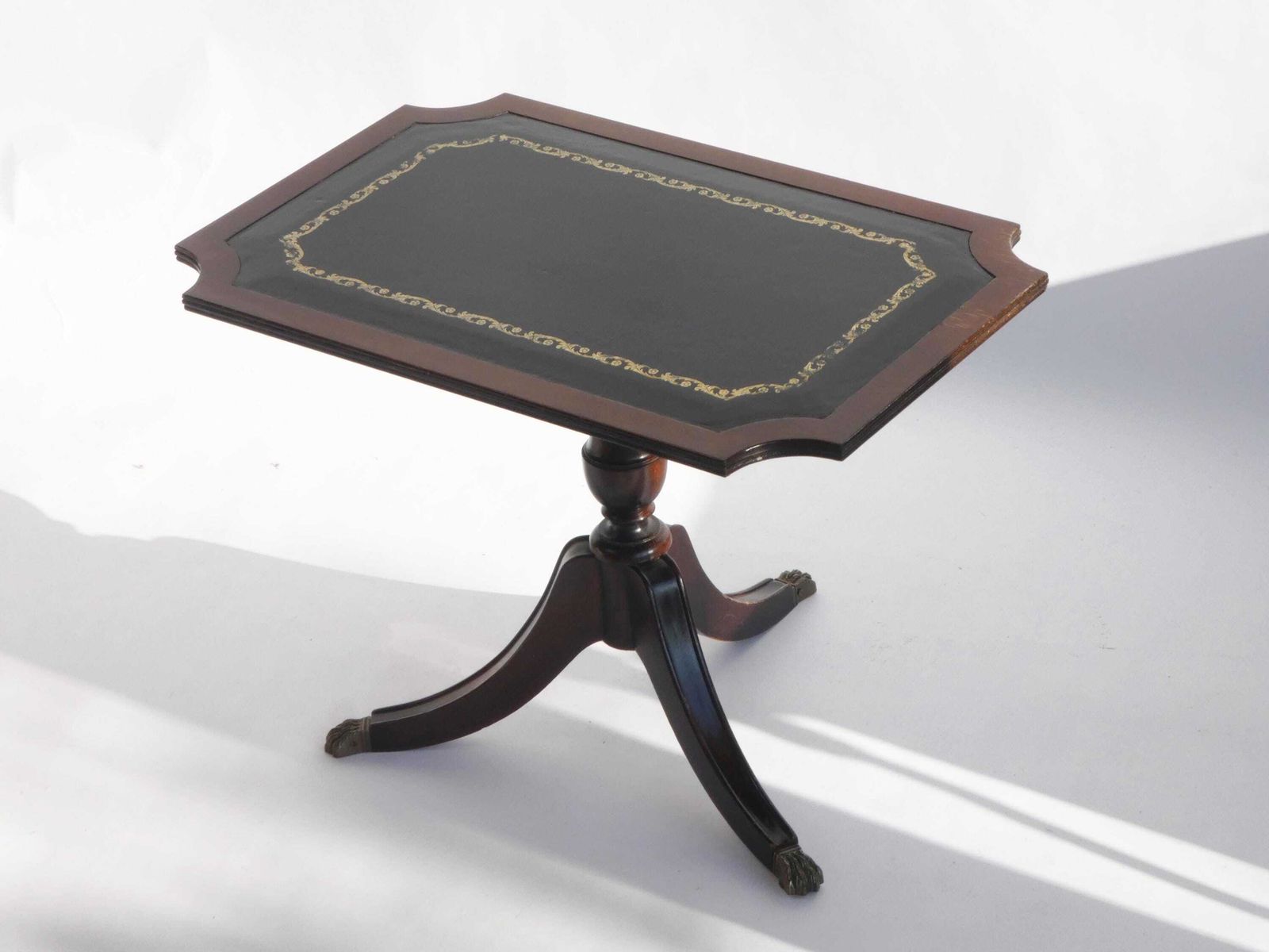 Antique Victorian Coffee Table With Green Leather Top And Lion Paws, English Wooden Tripod Side Table With Brass photo furniture