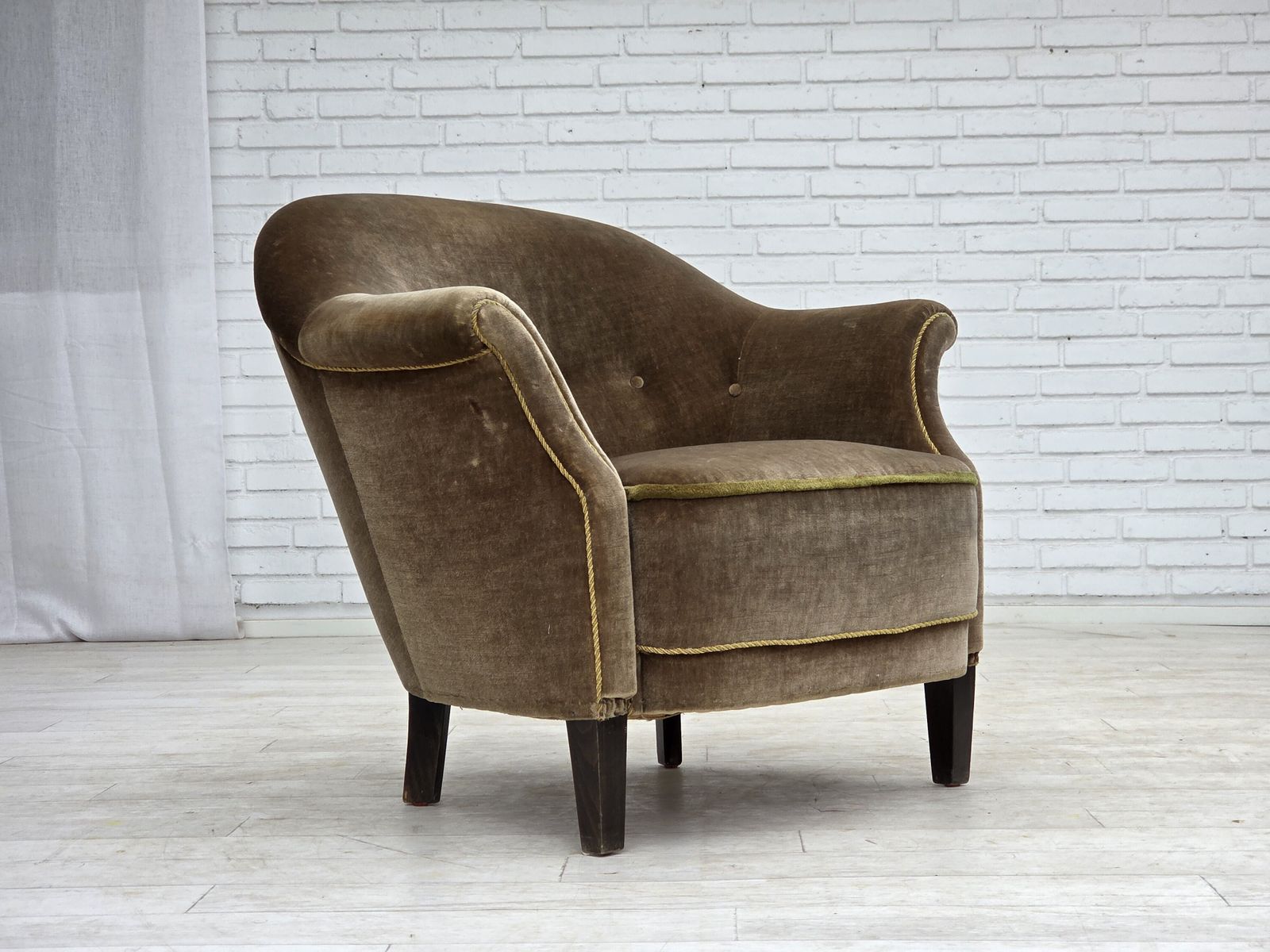 1960s, Danish Armchair, Original Green Furniture Velour. photo vintage