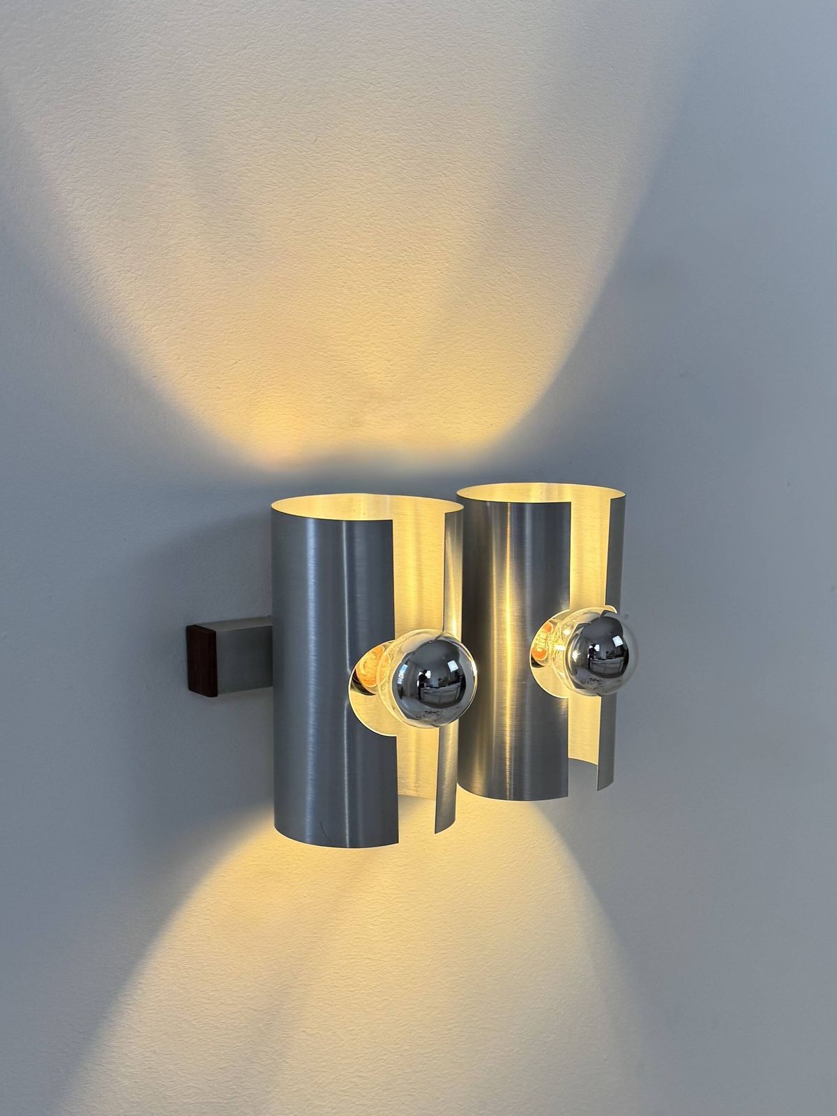 Vintage Double Wall Light In Brushed Metal And Rosewood, France, 1970 photo for sale
