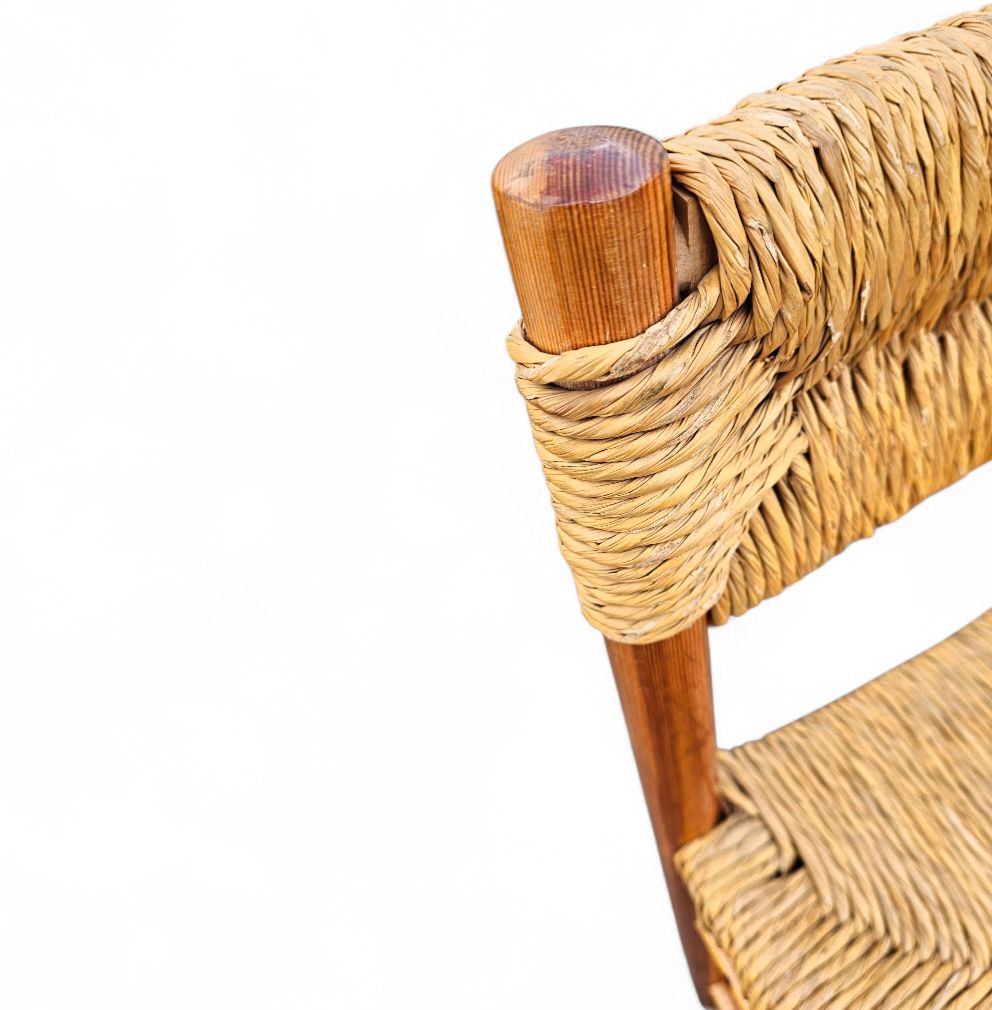 photo vinterior 2 X Pine Wood Woven Reed Dining Chairs / France 1950s