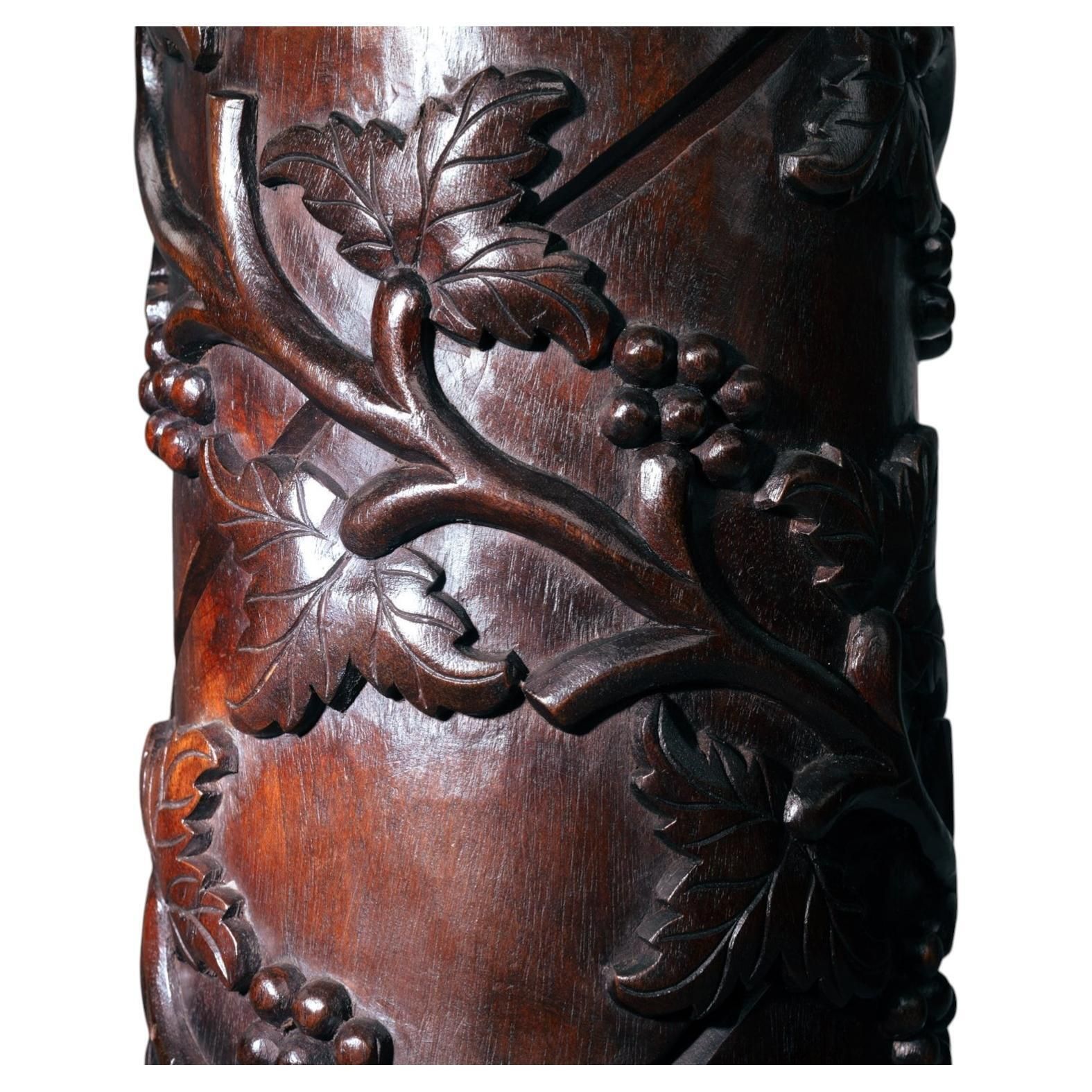 2 Art Nouveau Mahogany Wooden Carved Pedestals Column Vine Motif, France 1920s photo furniture
