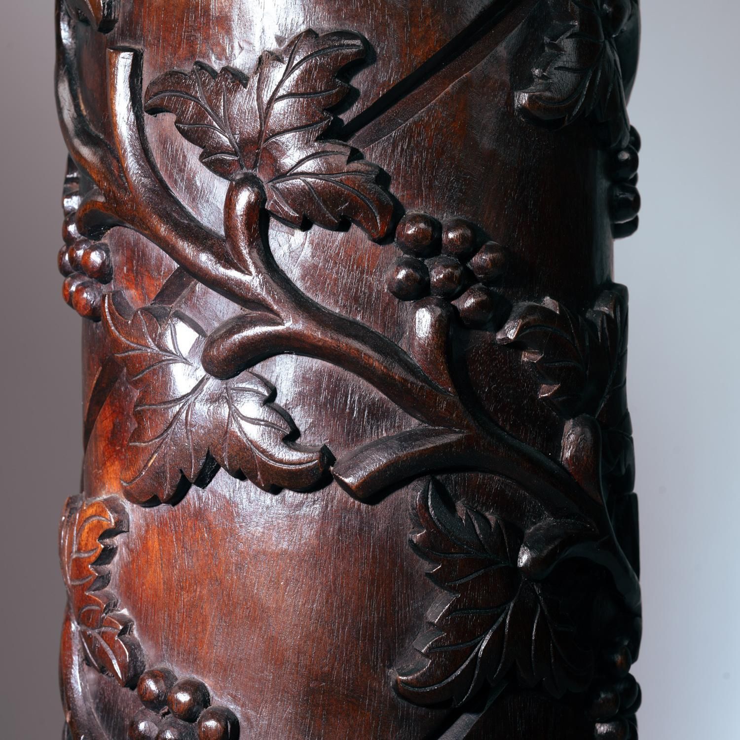 2 Art Nouveau Mahogany Wooden Carved Pedestals Column Vine Motif, France 1920s photo buy